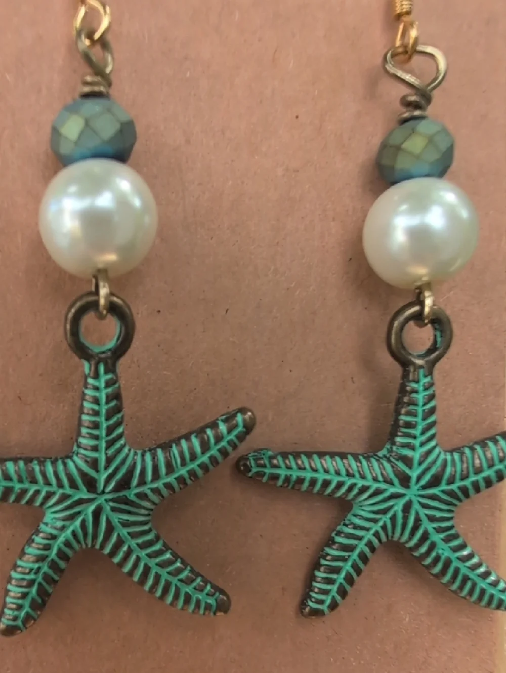 Handcrafted Turquoise Starfish Pearl Drop Earrings - Picture 3 of 3